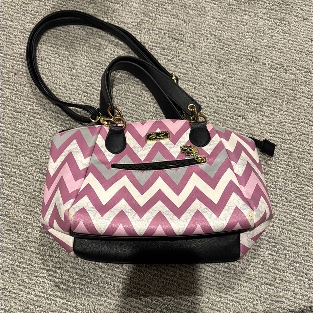 Betsey Johnson Chevron Patterned Pink and Black Handbag